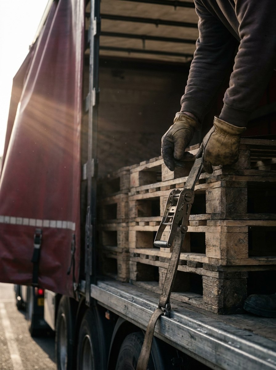 Kierowca zapina pas transportowy na ładunku paletowym w naczepie firance